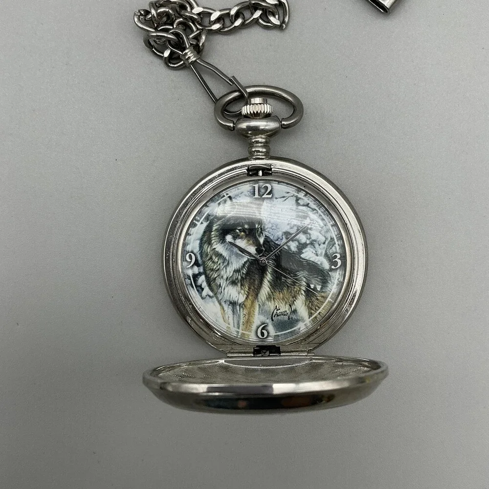 Al Agnew Pocket Watch Men 47mm Silver Tone Wolf Full Hunter Chain Analog